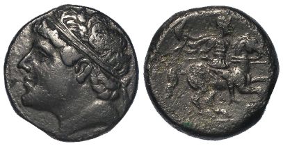 Ancient Greek Sicily, Syracuse AE26mm of Hieron II, 275-215 BC, hd of Hieron l. / horseman galloping