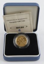 Sovereign 1907 GVF, in an unrelated RM case with a 'European Gold Coins' certificate.