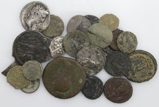 Ancient & Hammered coins & fragments (24) mostly late Roman bronze minors but also a silver Denarius