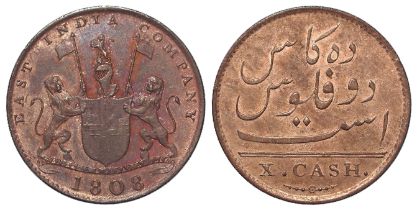 India, East India Company, Madras Presidency copper 10 Cash 1808, shipwreck salvaged nEF