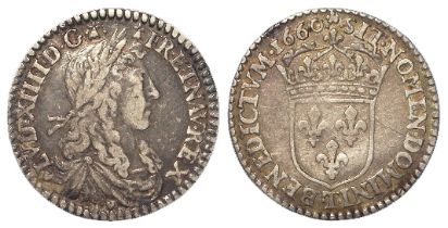 France, Louis XIV silver 1/16 Ecu 1660T, low mintage, scarce, toned nVF