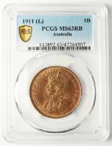 Australia Penny 1911(L) slabbed PCGS MS63RB