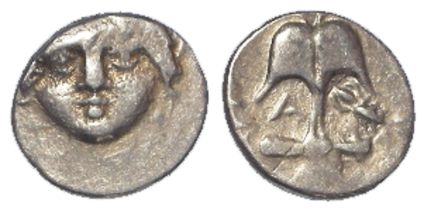 Ancient Greek Apollonia, Pontica silver Diobol 450-400BC, facing hd. of gorgon / anchor and