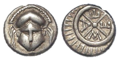 Ancient Greek Mesembria silver Diobol 450-350BC, facing Corinthian helmet / META within four-