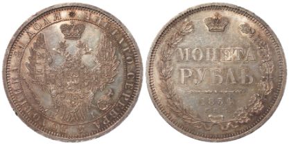 Russia silver Rouble 1854 Cnb HI, C#168.1, lightly toned GEF