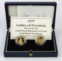 Ladies of Freedon two-coin gold set 1997. This set contains GB Ten Pounds along with USA $5. Proof