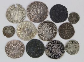 English hammered assortment (12): 5x Edward Plantagenet Pennies F-nVF, one holed; a round
