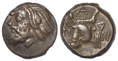 Ancient Greek Panticapaeum AE17, 268 - 253BC, bearded hd. of Pan l. / hd. of bull l. 5.70g, VF,