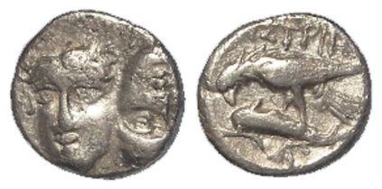 Ancient Greek Istros silver Hemidrachm 400-350BC, two young male facing heads inverted / sea eagle