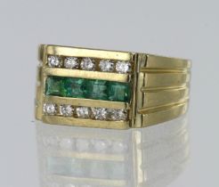 Yellow gold (tests 14ct) diamond and emerald signet ring, two rows of round brilliant cuts diamonds,