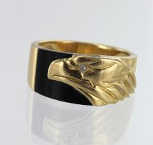 14ct yellow gold diamond and onyx eagle ring, onyx section with eagle head overlay, with one diamond