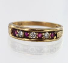 9ct yellow gold diamond and ruby half eternity ring, three round brilliant cut diamonds, TDW approx.