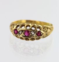 18ct yellow gold antique diamond and synthetic ruby ring, three graduating syn. rubies principle