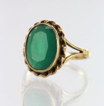 9ct yellow gold chrysoprase dress ring, oval mix cut measures14mm x 10mm, bezel and rope setting,