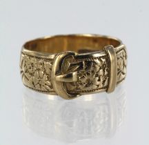 9ct yellow gold buckle ring, decorated with floral details, width 7.8mm, finger size U/V, weight 6.