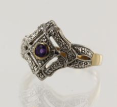 9ct yellow gold diamond and amethyst cluster ring, one round amethyst measures 3.5mm, white gold