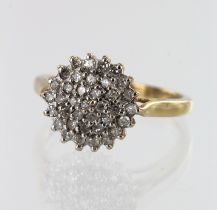 Yellow gold (tests 9ct) diamond cluster ring, TDW approx. 0.35ct, head diameter 11mm, finger size M,