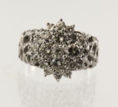 White gold (tests 18ct) diamond double cluster ring, twenty-one round brilliant cuts, TDW approx.