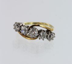 Yellow gold (tests 18ct) diamond five stone ring, graduating old cut diamonds, principle approx. 0.