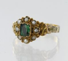 12ct yellow gold antique mourning ring, set with green paste and split pearls, hallmarked Birmingham
