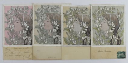 Art Nouveau, Fleurs Doranger, lady's head in flowers, colour varieties, french publisher   (4)