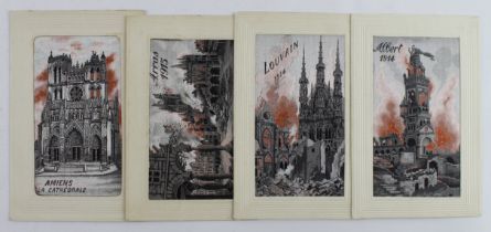 Flames, Albert 1914, Amiens La Cathedrale, Arras 1915 & Louvain 1914, by Deffrene   (4)