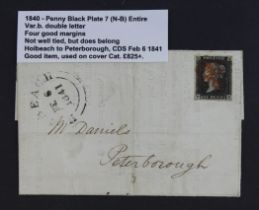 GB - 1840 Penny Black Plate 7 (N-B) Entire, var.b. double letter, four good margins, not well