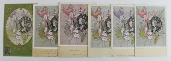 Art Nouveau, Cyclamen, lady's head in flowers, colour & other varieties, french publisher   (6)