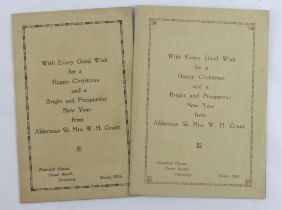 Christmas 1914 & 1926, greetings from Alderman & Mrs Grant, folded cards with silks inside, Keep