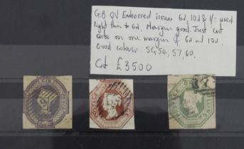 GB - QV Embossed issues 6d, 10d and 1/- used, light thin to 6d. 1/- with four margins, good
