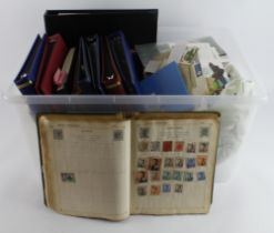 Large plastic crate of stamps in albums, noted Falkland Islands collection in binders, some