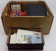 Banana box of material including World collections in albums, loose, and a shoebox of various FDC's.