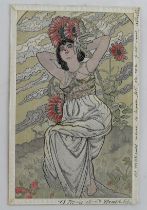 Art Nouveau, Lady, full length, with large red flowers, french publisher   (1)