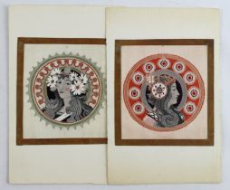 Art Nouveau, Lady's head in circle with flowers & ornate cap, french publisher, rare   (2)
