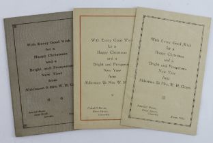 Christmas 1923, 1925 & 1928, greetings from Alderman & Mrs Grant, folded cards with silks inside,