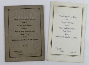 Christmas 1922 & 1927, greetings from Alderman & Mrs Grant, folded cards with silks inside, One