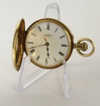 Yellow metal (tests as 18ct and stamped 18k) mid-size half hunter pocket watch by Benson. Approx