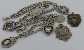 Two silver Albert pocket watch chains, lengths 16.5" and 17". Six plain medal/fob pendants. One blue