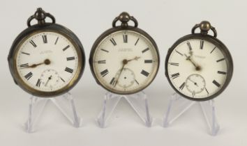Three gents silver cased open face key wind pocket watches. All white enamel signed dials with Roman