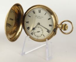 Gents 9ct cased full hunter stem-wind pocket watch by JW Benson, hallmarked London 1924. The white