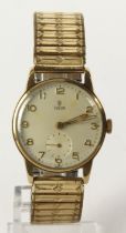 Gents 9ct cased Tudor manual wind wristwatch, hallmarked Birmingham 1959. The creamed dial with gilt