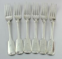 Six very good quality heavy Victorian silver fiddle pattern table forks (all are initialled "S" at