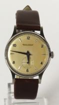 Gents stainless steel cased Jaeger Le Coultre manual wind wristwatch circa 1950s?. The cream dial