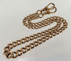 9ct rose gold single Albert pocket watch chain, graduating curb links, all stamped '9.375', includes