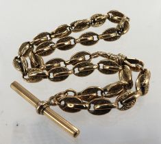 Yellow gold (tests 9ct) vintage Albert pocket watch chain, engraved fancy links, hexagonal T-bar