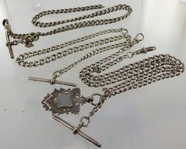 Three silver vintage pocket watch chains, lengths 11", 13", 18.5", all with T-bars and one fob