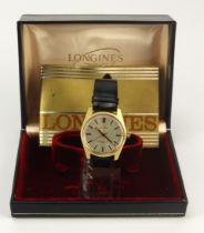 Gents gold plated Longines Conquest manual wind wristwatch, 1969. The silvered dial with black baton