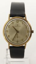 Gents 9ct cased Zenith manual wind wristwatch. Hallmarked London 1968. The cream dial with gilt