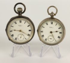 Two gents silver cased open face pocket watches by Waltham, in Dennison cases. Both the white enamel