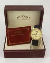 Gents 9ct cased Rotary Gold quartz wristwatch. The cream dial with gilt baton markers and date